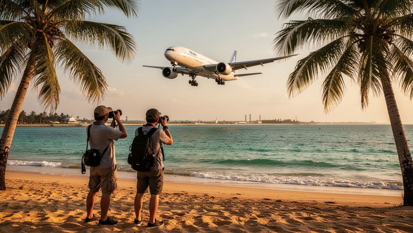 Two plane spotters with cameras in relaxed poses watch a low-flying Boeing 777 approach Phuket airport runway over turquoise water and palms on Mai Khao Beach during golden hour cinematic lighting.