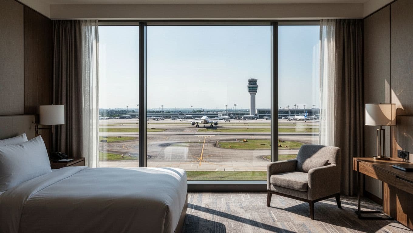 Modern hotel room featuring large clean floor-to-ceiling window with sharp detailed view of airport runway, taxiing aircraft, and control tower. Cozy bed and armchair nearby, natural daylight, cinematic style with strong contrast and dramatic lighting, no people, no text or logos.
