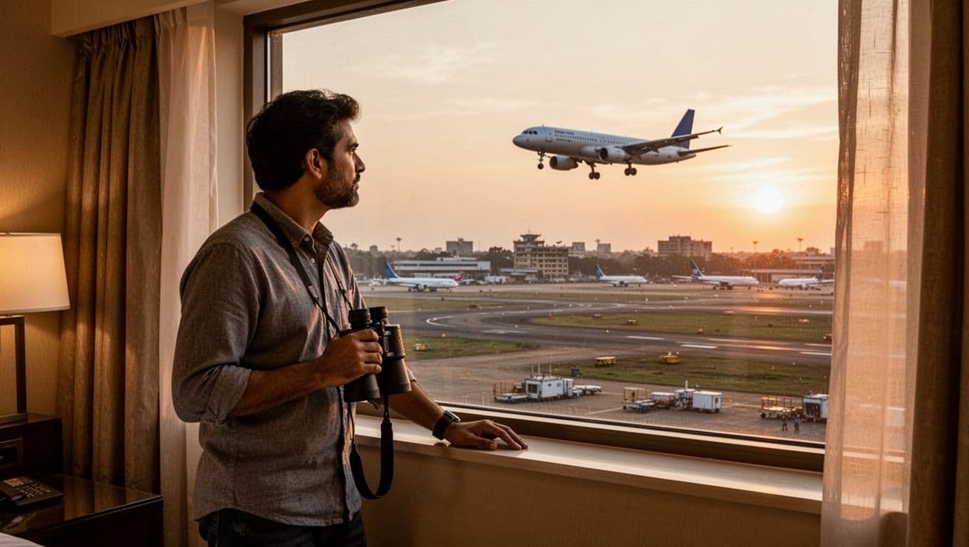 Aviation enthusiast relaxed at hotel window overlooking busy Mumbai airport runway at sunset, holding binoculars while watching an Air India plane land, with cinematic dramatic lighting and soft room glow.