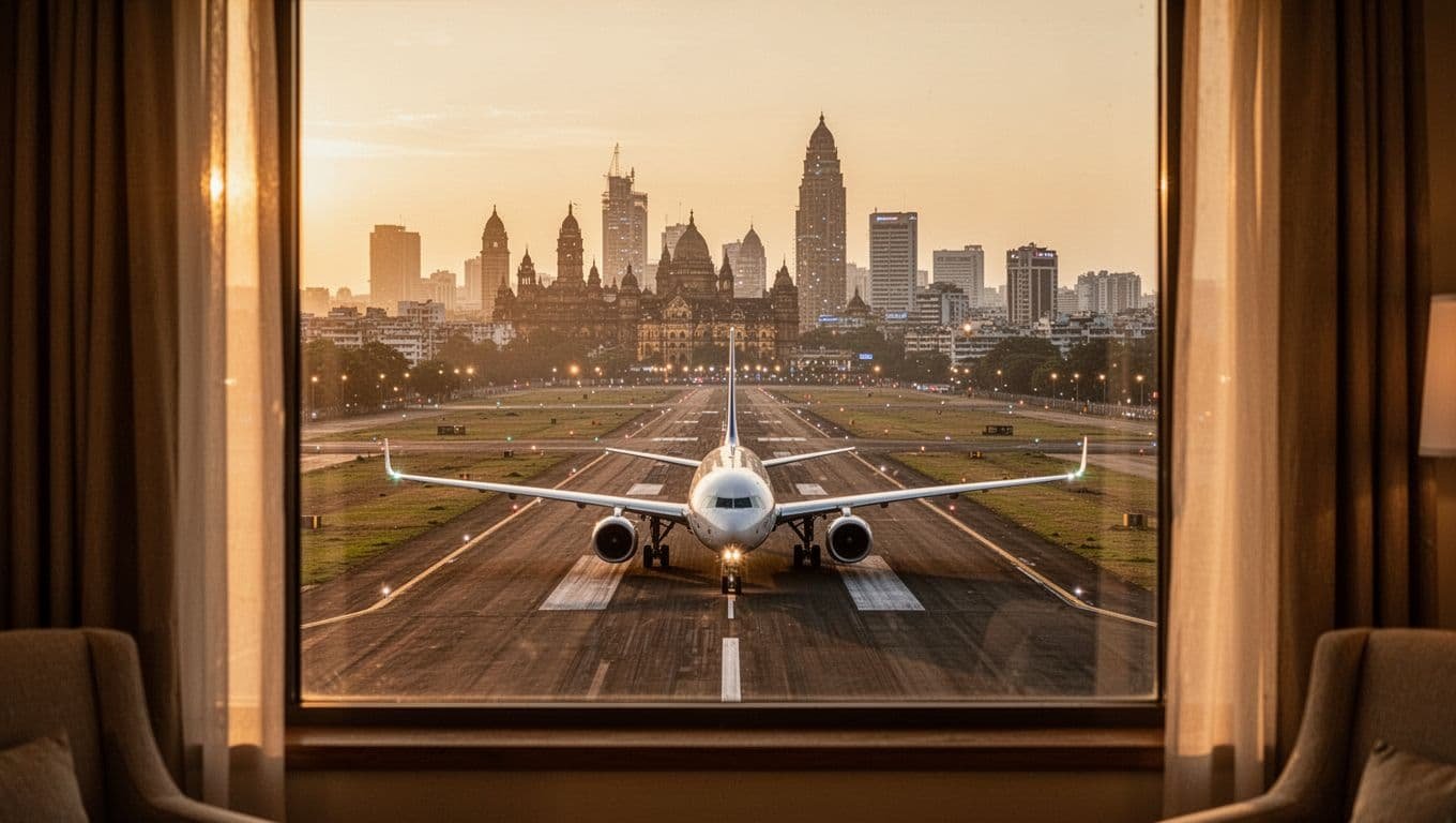 Hotel room window framing Chhatrapati Shivaji Maharaj International Airport runway in Mumbai at golden hour, with an Air India jet taxiing towards takeoff and distant city lights. Cinematic style featuring strong contrast, depth, and dramatic lighting.
