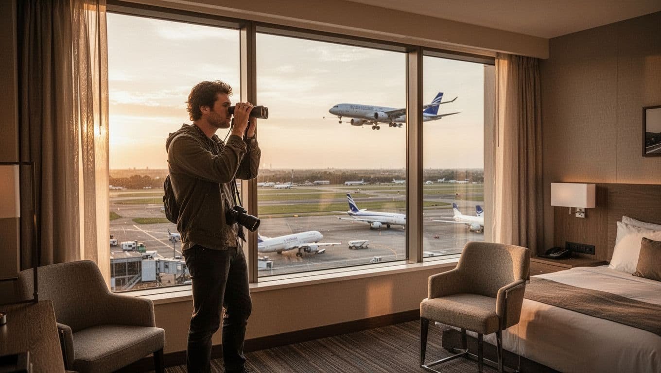 View from a high-floor hotel room window overlooking the busy Philadelphia International Airport runway at PHL during golden hour, with large jets taxiing, a plane taking off, and an aviation spotter with binoculars and camera by the window.