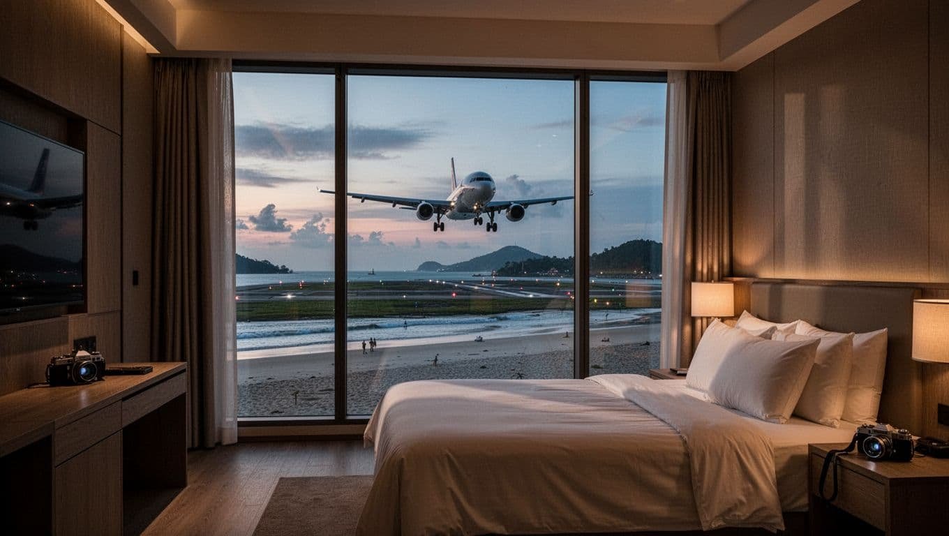Interior of a modern hotel room with a large window framing the Phuket airport runway at dusk, featuring an Airbus A320 landing over the beach, cozy bed, and spotting gear on the table in cinematic style.