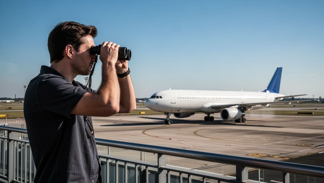 A plane spotter holds compact binoculars to their eyes on an airport observation deck, tracking a Boeing 747 taxiing below under clear blue skies in cinematic style.