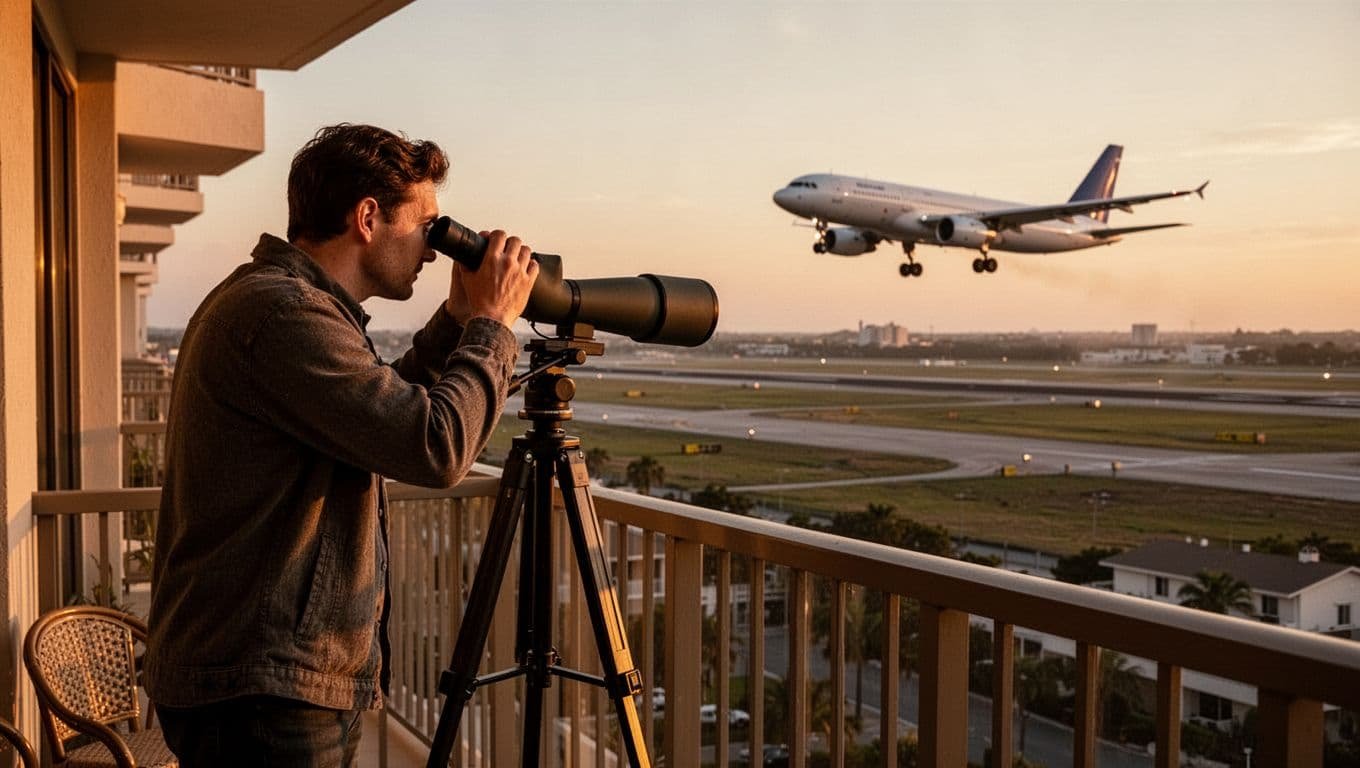 A dedicated plane spotter stands on a hotel balcony using a spotting scope on a tripod, intently watching a large commercial jet landing on a distant airport runway at dusk, captured in cinematic style with dramatic golden hour lighting and strong contrast.