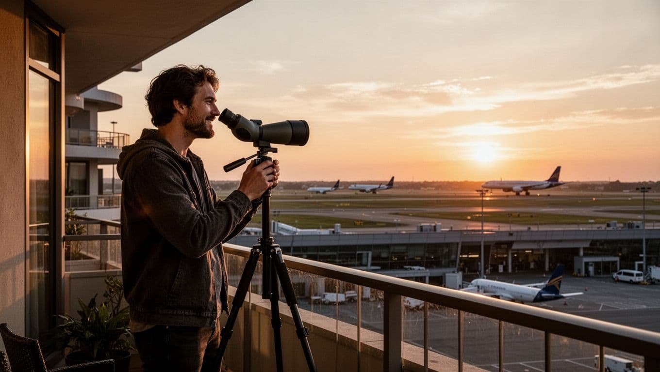 A plane spotter stands on a hotel balcony using a spotting scope to observe aircraft on a nearby runway during sunset, with the airport terminal and planes visible in the distance.