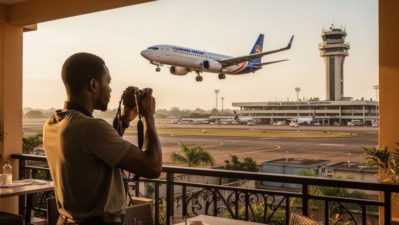 A relaxed plane spotter on a hotel terrace photographs a Boeing 737 landing at Kotoka International Airport in Ghana, with the apron and control tower in the background under clear daytime skies and cinematic golden lighting.