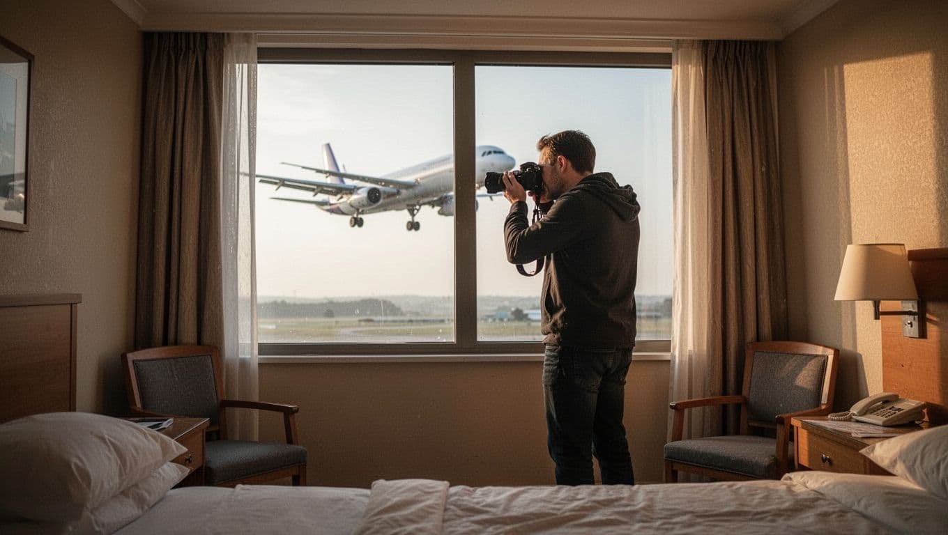 Aviation enthusiast in budget hotel room presses DSLR lens hood against window at angle to capture approaching airliner on final approach, avoiding glare in soft morning light.