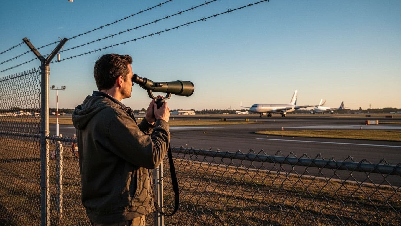 A lone plane spotter peers through a spotting telescope at an airport perimeter fence, observing distant aircraft taxiing on the runway under a clear blue sky and golden hour sunset lighting. Cinematic composition with strong contrast, depth, and dramatic illumination.