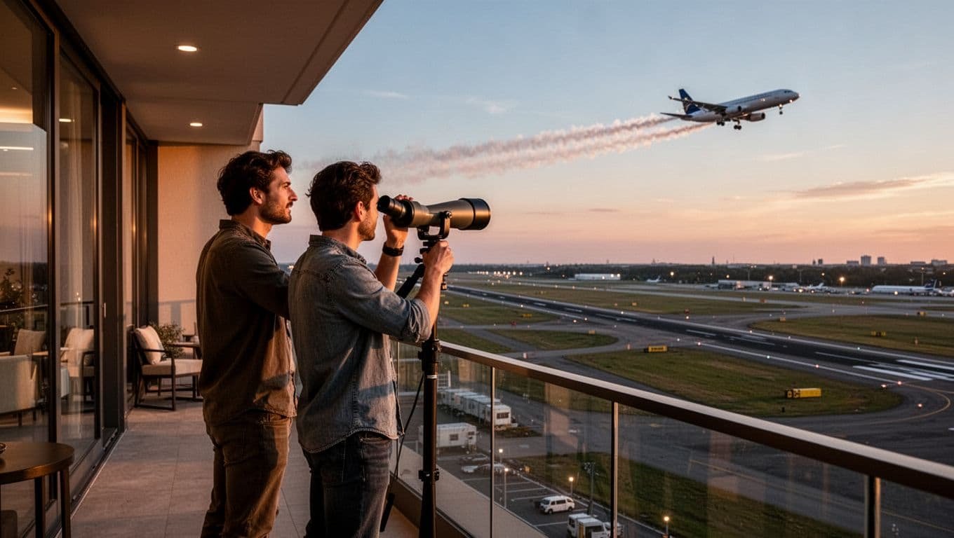 Two relaxed plane spotters on a hotel balcony with runway view, one using a spotting telescope to watch aircraft takeoffs, modern hotel room in background, cinematic evening lights.
