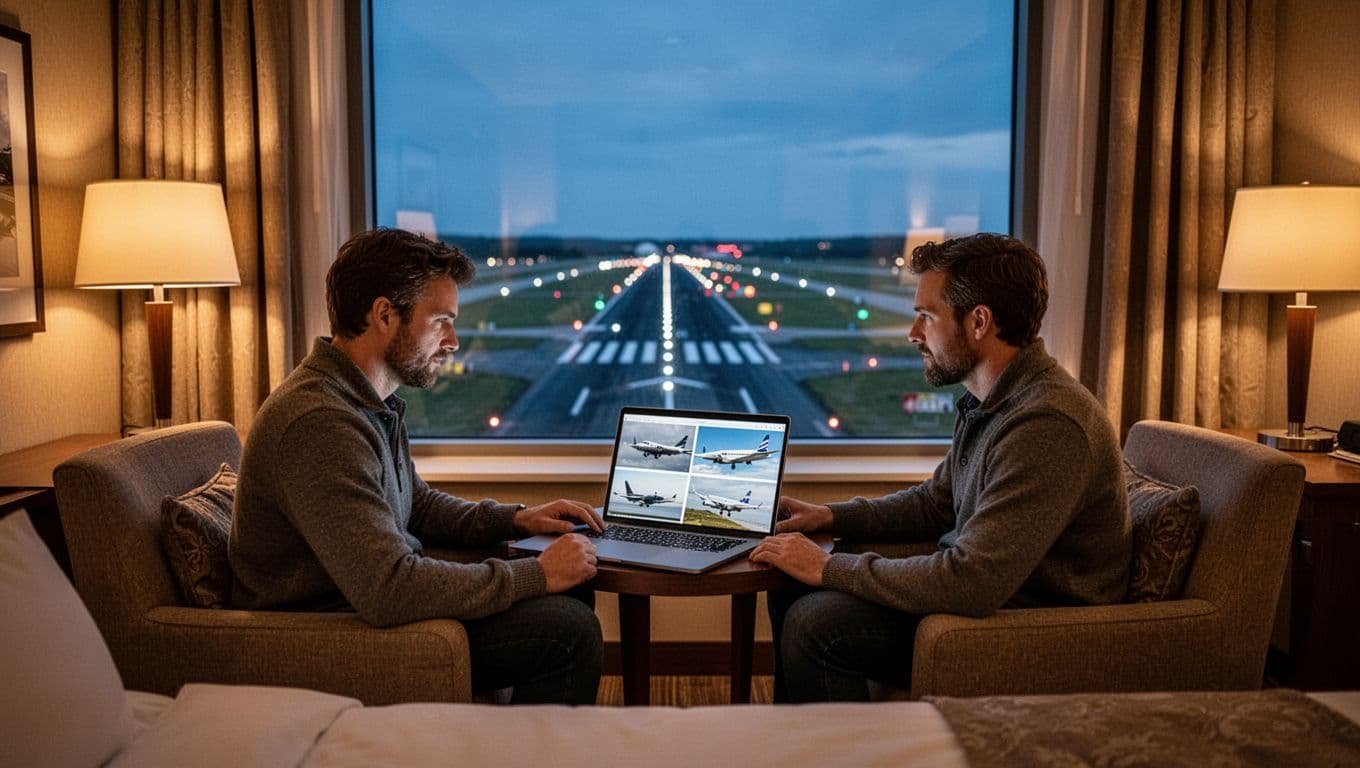 Two plane spotters relax in a cozy hotel room near Chicago airport, reviewing photos on a laptop with the runway visible through the window. Warm interior lighting contrasts the cool dusk sky, evoking a cinematic atmosphere with dramatic depth and strong contrasts.
