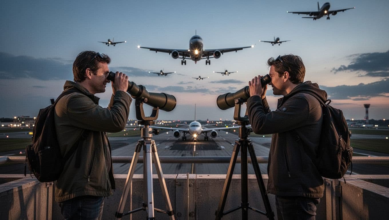 Two relaxed plane spotters compare notes using spotting scopes on an airport observation deck, with planes landing in the background under cinematic evening lighting with strong contrast and depth.