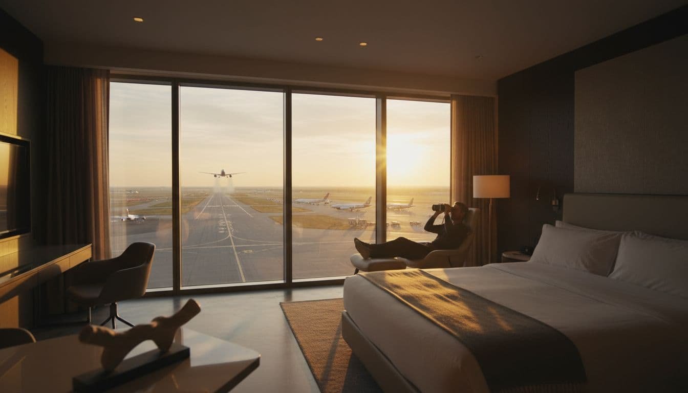 Modern high-floor hotel room with floor-to-ceiling windows overlooking a busy airport runway at golden hour, featuring planes taxiing and taking off. A single relaxed person with binoculars sits by the cozy bed and chair, captured in cinematic style with dramatic lighting and strong contrast.