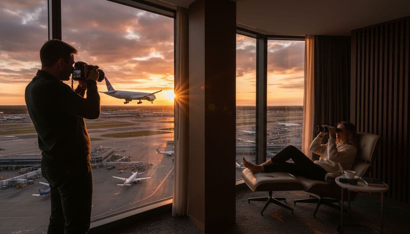 High-floor hotel suite split visually: left side shows photographer at floor-to-ceiling window capturing sharp photo of landing widebody jet; right side depicts person relaxing on lounge chair watching planes taxi with binoculars nearby, under golden hour lighting over busy airport.