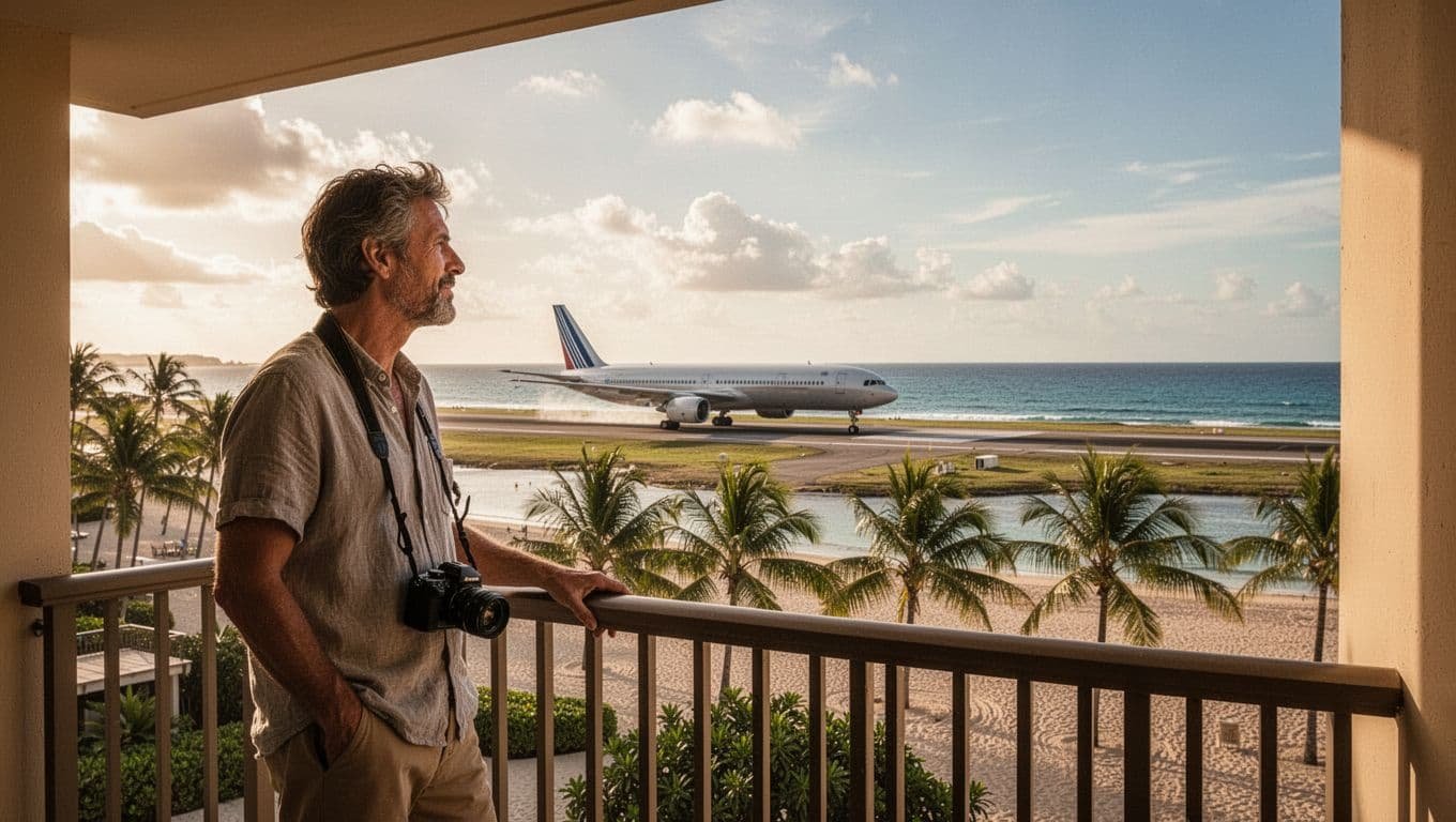 A relaxed hotel guest with a camera around their neck stands on a spacious balcony of a beachfront resort overlooking Phuket International Airport runway, where a large passenger jet taxis amid palm trees and ocean in tropical afternoon light with cinematic dramatic lighting.