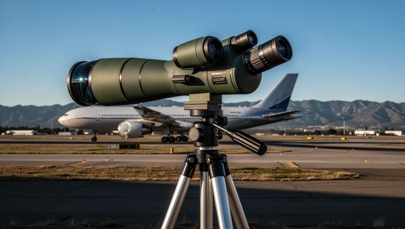 Close-up of a high-end spotting scope on a sturdy tripod pointed at an airport runway with a large jet taxiing, under clear blue sky with distant mountains, in cinematic style with dramatic side lighting.
