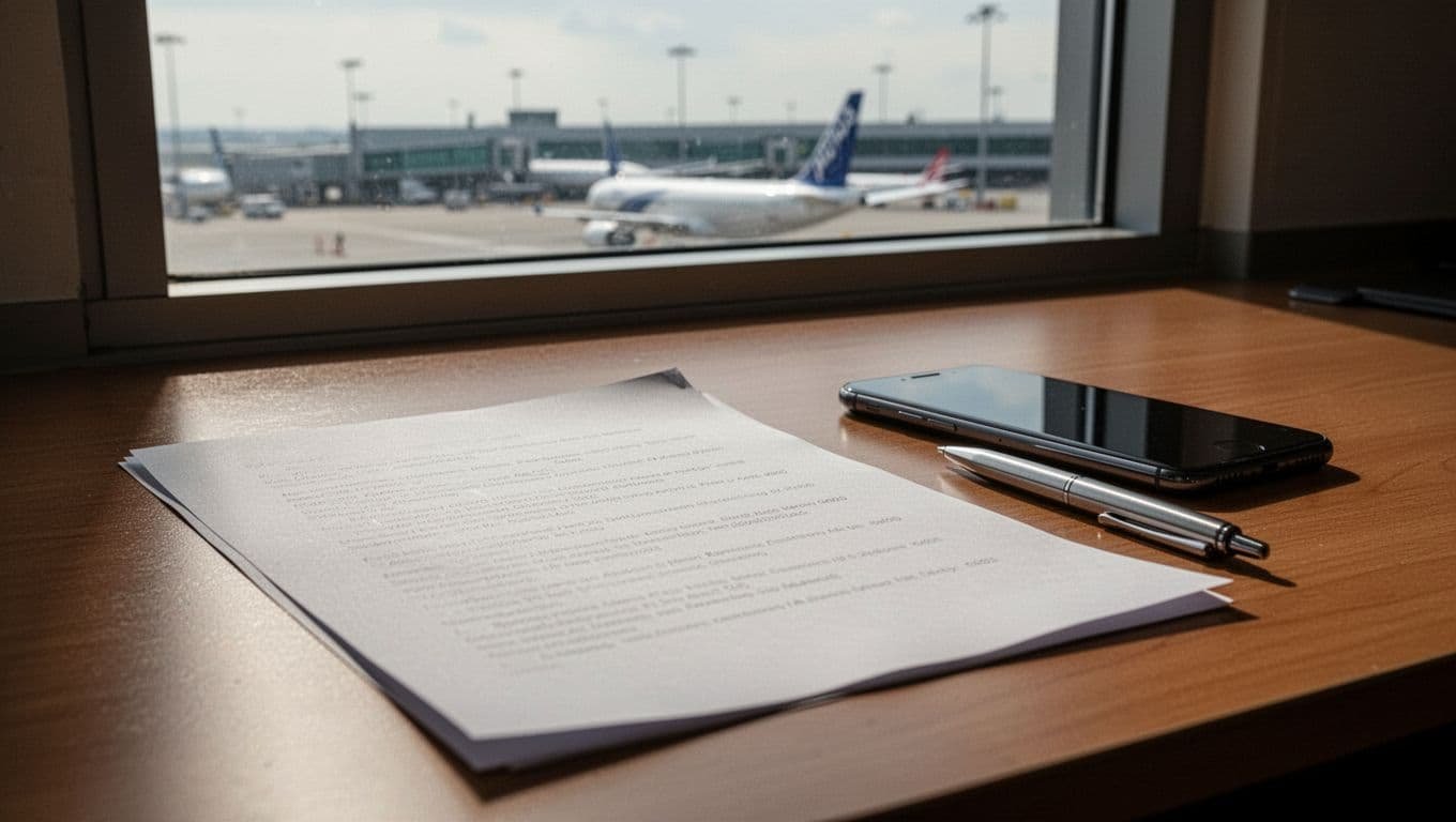 Close-up of a printed hotel reservation confirmation email on a desk next to a phone and pen, with a subtle airport terminal visible through a window in the background, featuring soft natural lighting, strong contrast, depth, and cinematic style.