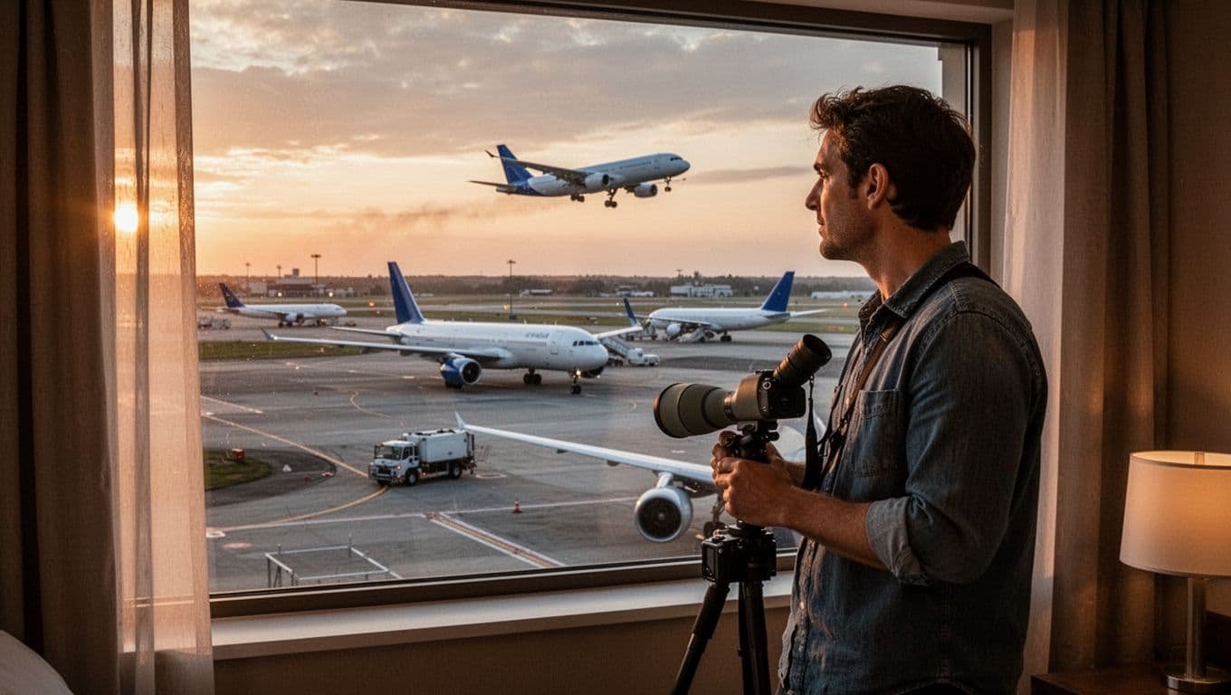 Hotel room window overlooking busy Hartsfield-Jackson Atlanta airport runway and apron, with several large jet airliners taxiing and a Boeing 737 taking off in the distance. Aviation enthusiast with camera and spotting scope near window, captured in cinematic style with warm sunset lighting and muted blues, oranges, grays.