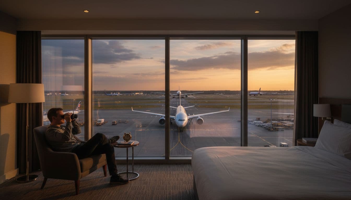 High-floor renovated superior runway view room at Renaissance London Heathrow with floor-to-ceiling windows overlooking Heathrow runway, wide-body aircraft like A380 taxiing during golden hour, cozy modern interior, one person with binoculars.