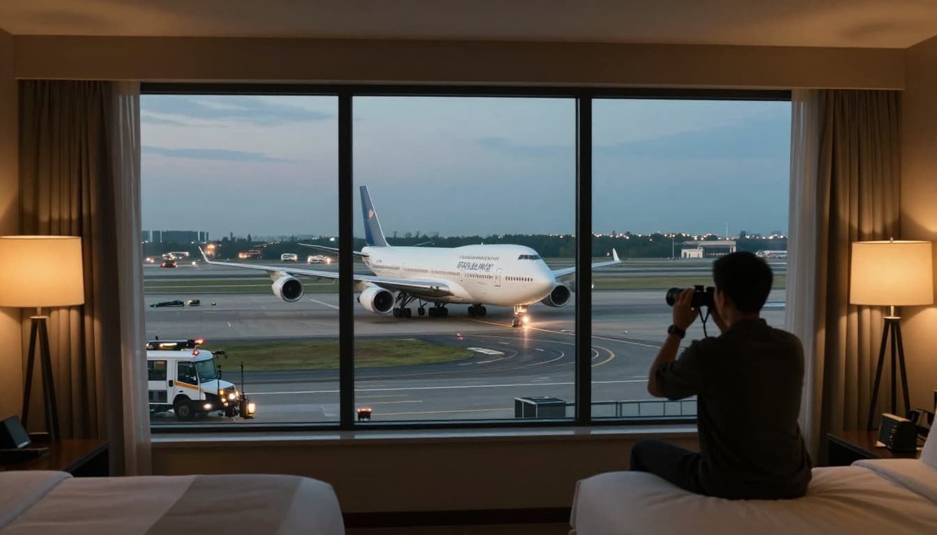 Cozy modern hotel room with floor-to-ceiling window overlooking busy airport runway, Boeing 747 taxiing for takeoff in evening light. Aviation spotter with binoculars and camera at window, warm interior lighting, cinematic style with strong contrast and dramatic lighting.