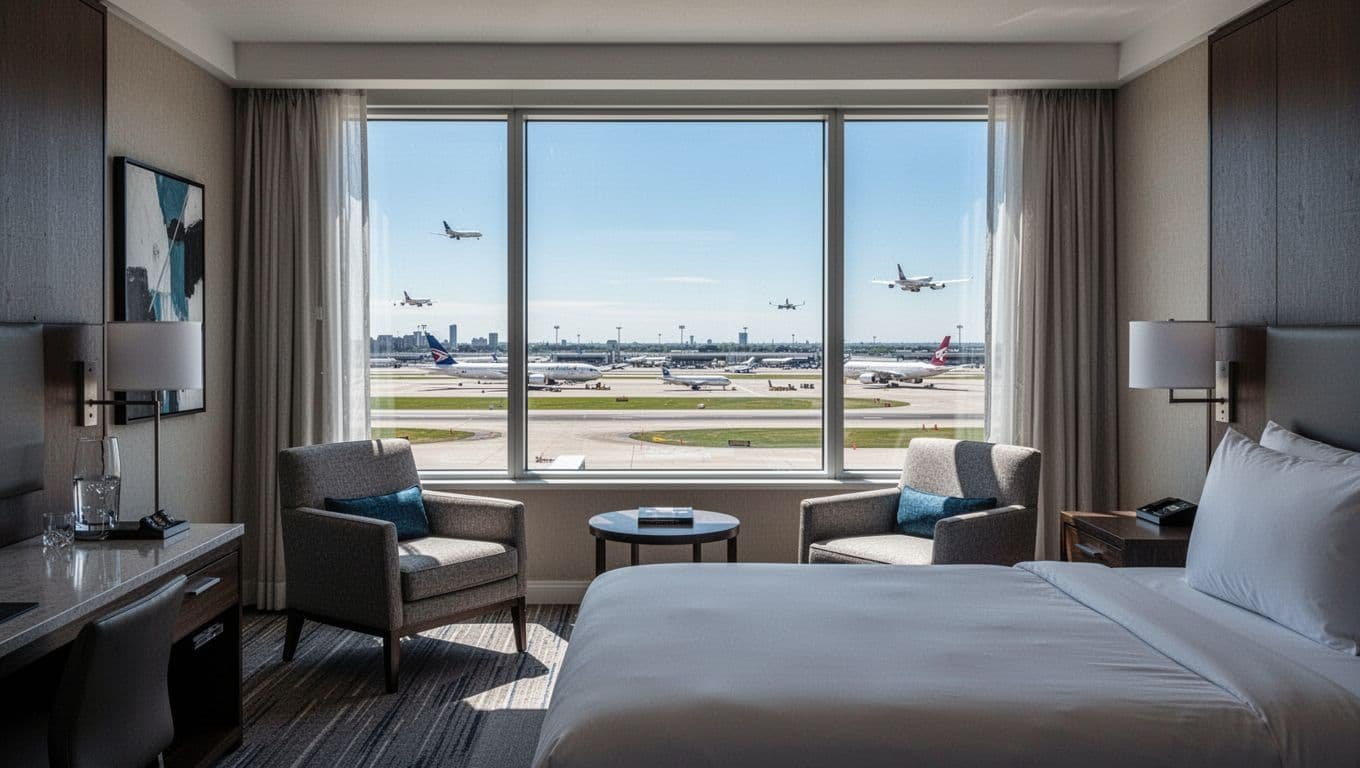 Modern hotel room with large window overlooking busy Toronto Pearson Airport YYZ runways during daytime, planes taxiing landing and taking off, clear blue skies, cinematic dramatic lighting.