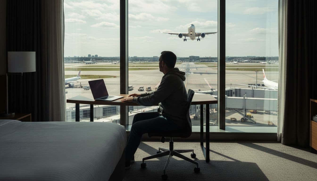 A relaxed spotter sits at a desk in a hotel room with a laptop angled away, hands resting naturally, looking out a large window at a busy airport runway featuring a landing aircraft, captured in cinematic style with natural daylight, strong contrast, and dramatic lighting.