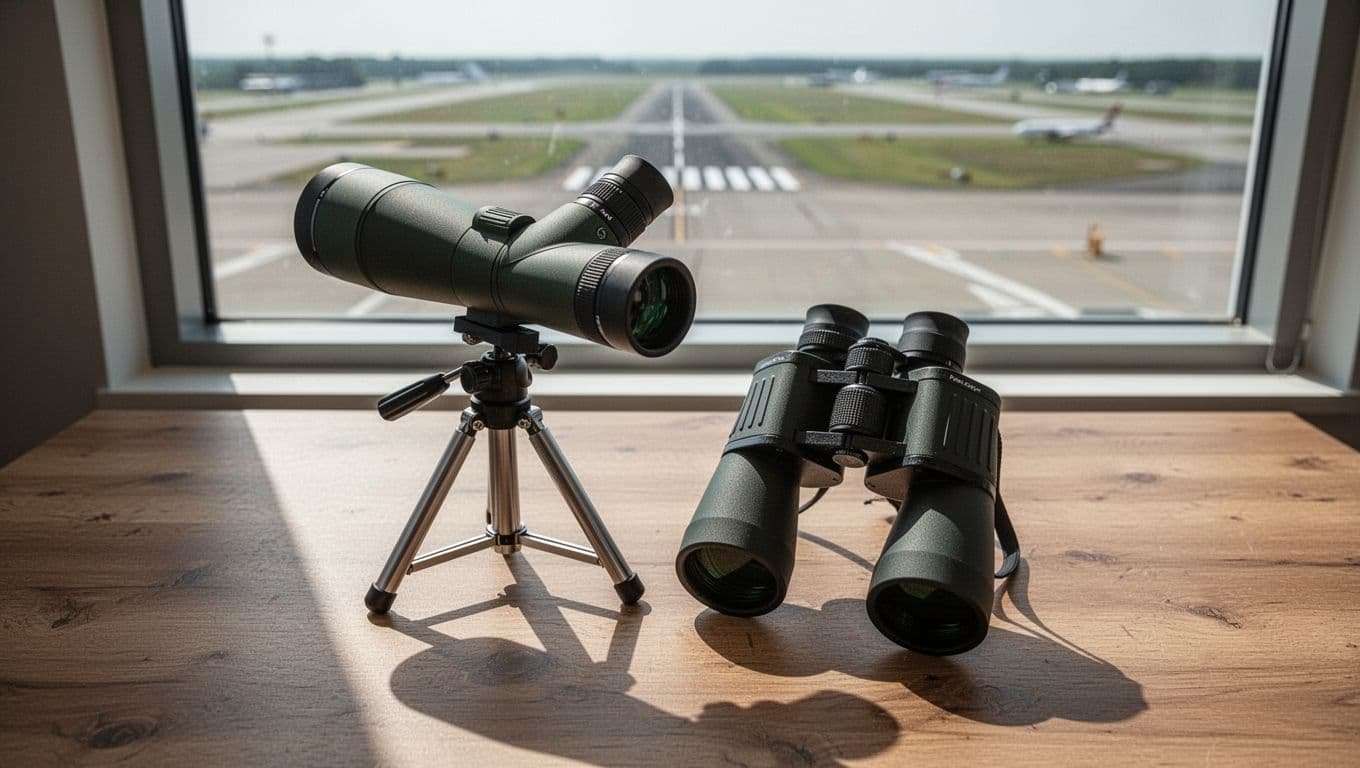 Top-down cinematic view of a spotting scope on tripod next to binoculars on a table, blurred airport background through window, dramatic lighting and high contrast for plane spotters.