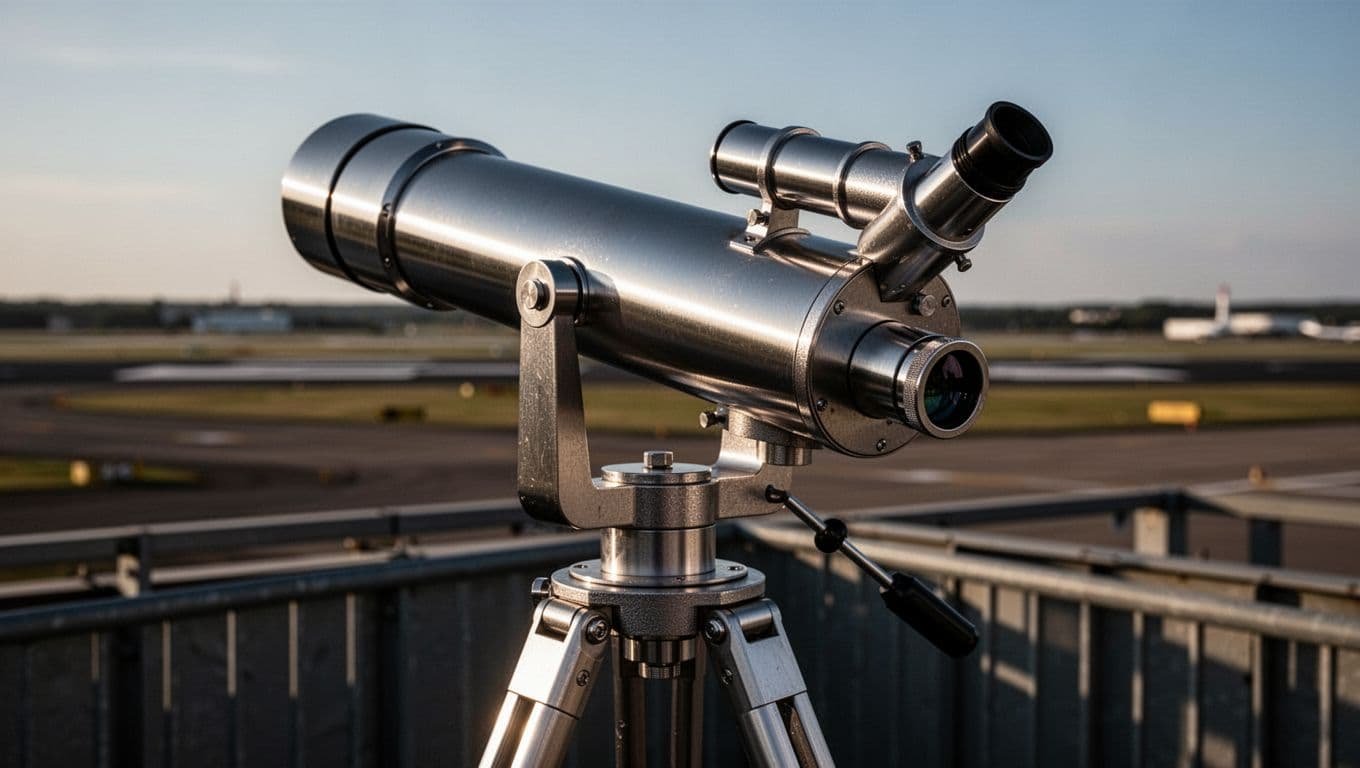 Close-up of a high-quality spotting telescope mounted on a tripod next to an airport spotting location, featuring a blurred runway background, metal body, focused eyepiece, and clear optics in cinematic style with dramatic side lighting.
