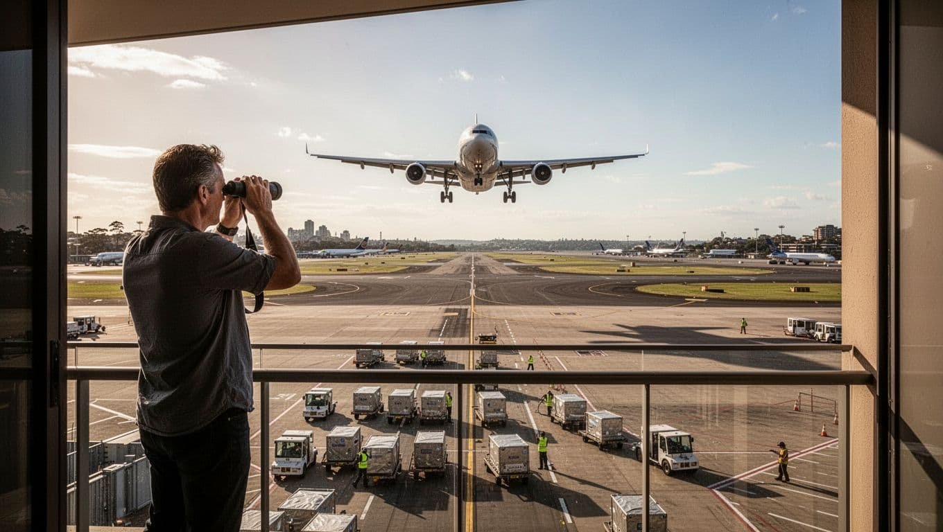 An aviation enthusiast stands relaxed on a hotel balcony overlooking the busy Sydney Kingsford Smith Airport runway during the day, using binoculars to spot an incoming Airbus landing amid tarmac activity with ground crew and baggage carts, in cinematic style with strong contrast and dramatic lighting.