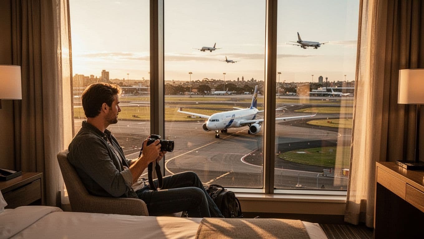 Modern hotel room interior with floor-to-ceiling windows overlooking Sydney airport runway, featuring a plane spotter relaxed by the window with camera during golden hour lighting.