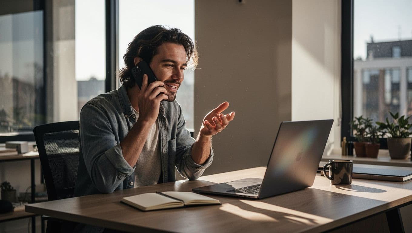 A relaxed traveler in a modern home office speaks on a smartphone while viewing a laptop with a blurred hotel booking site, featuring a cozy desk with coffee mug and notebook, cinematic lighting.