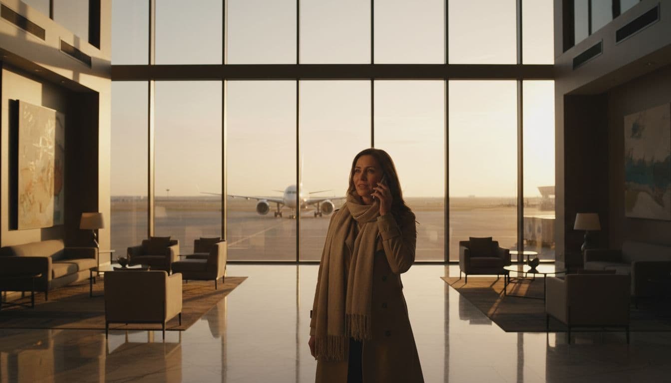 A solo traveler in a modern hotel lobby speaks relaxedly on the phone to confirm room details, with large windows showcasing an airport runway and taxiing plane in the background under warm golden hour lighting and cinematic style.