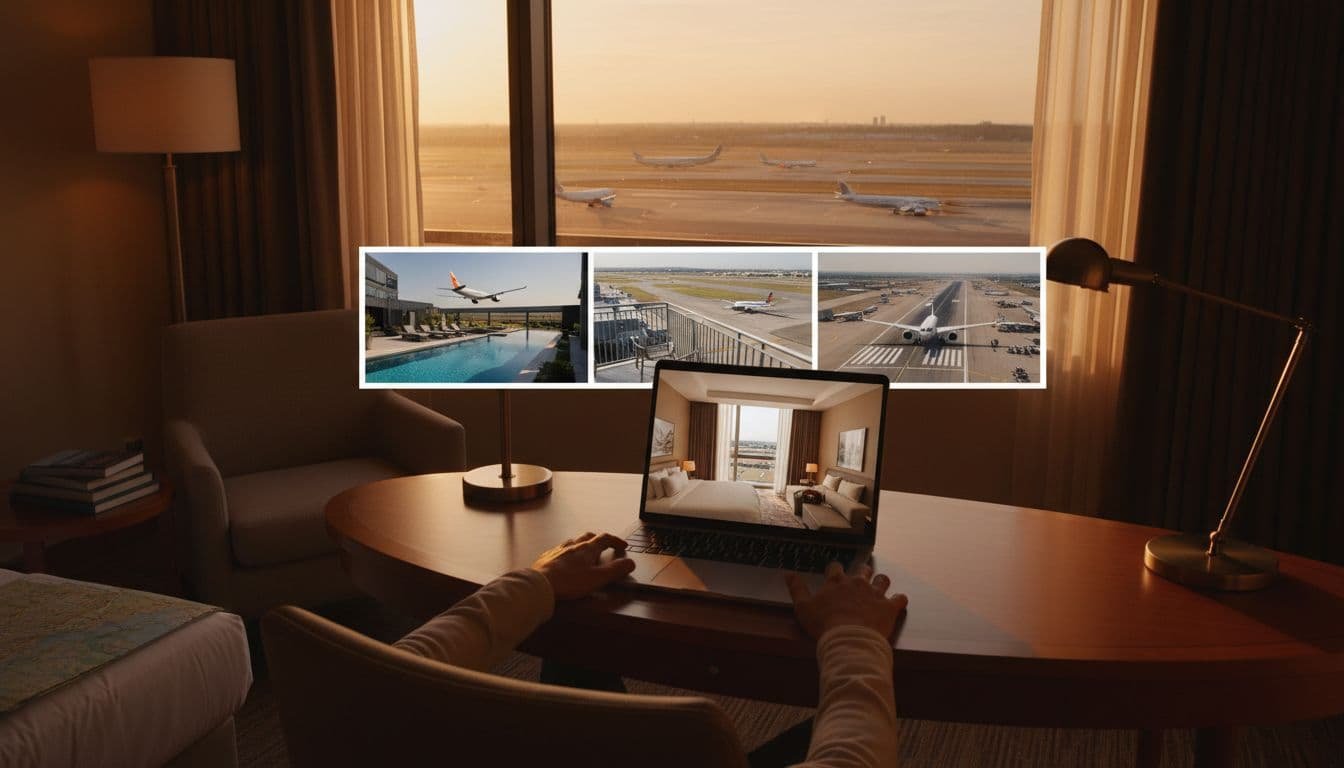 A relaxed traveler at a desk in a cozy hotel room reviews laptop options for luxury pool-runway view, mid-range balcony-taxiway, and budget high-floor runway hotels, with a busy golden-hour airport runway and taxiing planes visible through the window.