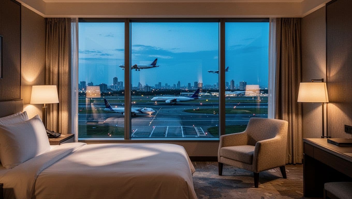 Modern hotel room with floor-to-ceiling window overlooking busy airport runway at dusk, airplanes taxiing and taking off, cozy bed and armchair with warm lighting contrasting cool exterior blues.