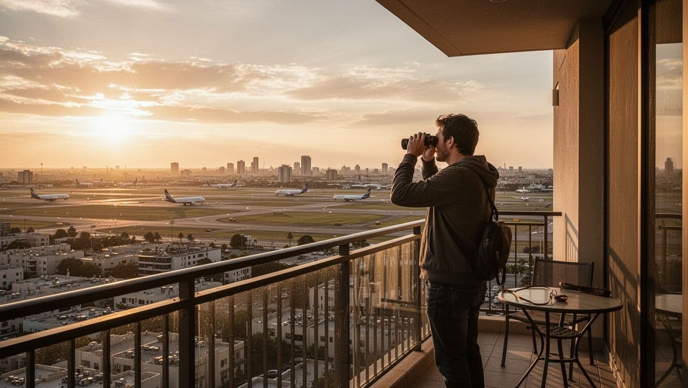 A hotel balcony overlooking a busy airport runway at sunset, planes taxiing in the distance, with one aviation enthusiast holding binoculars, cityscape horizon in cinematic style with dramatic golden hour lighting.