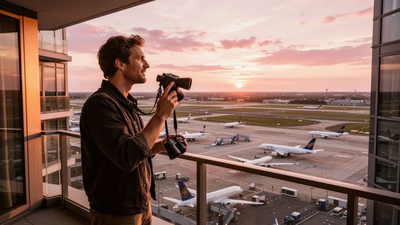 A relaxed plane spotter stands on a modern high-rise hotel balcony overlooking Toronto Pearson Airport (YYZ) apron and taxiways, holding binoculars with multiple aircraft parked and moving under warm sunset lighting.